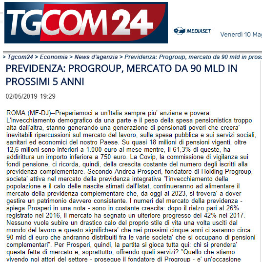 PREVIDENZA: PROGROUP, MERCATO DA 90 MLD IN PROSSIMI 5 ANNI